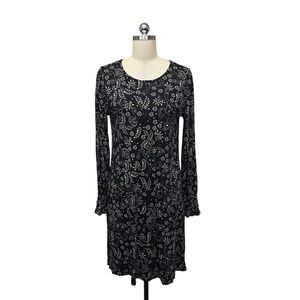 Gudrun Sjoden Black Floral Paisley Shift Dress Long Sleeve Smocked Cuff Womens S